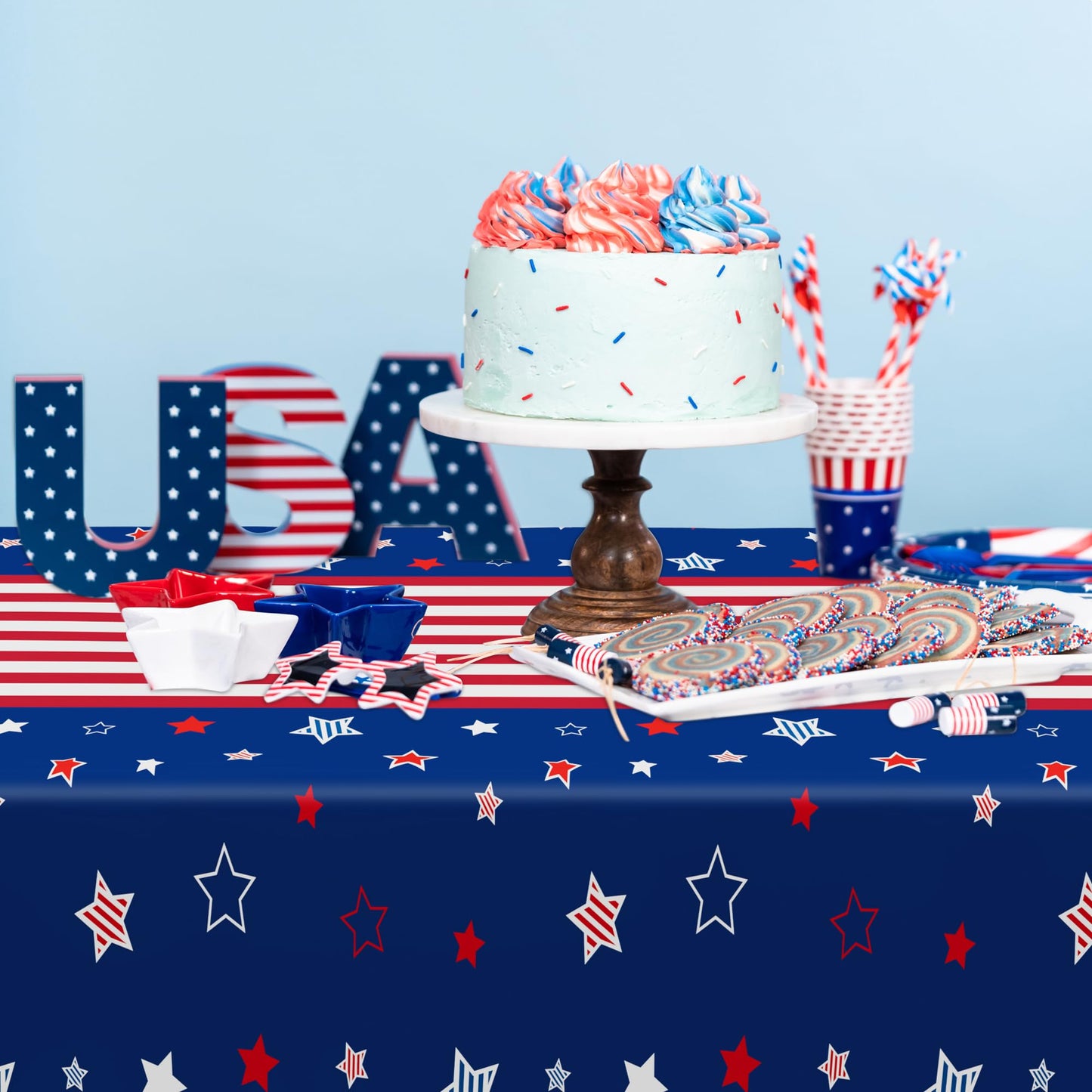 QZYL 4 Pack 4th of July Decorations, 54" x 108" USA Plastic Table Cloth, Tear Resistant Patriotic Tablecloth Fourth of July Tablecloths American Tablecover, Red White Blue Party Supplies