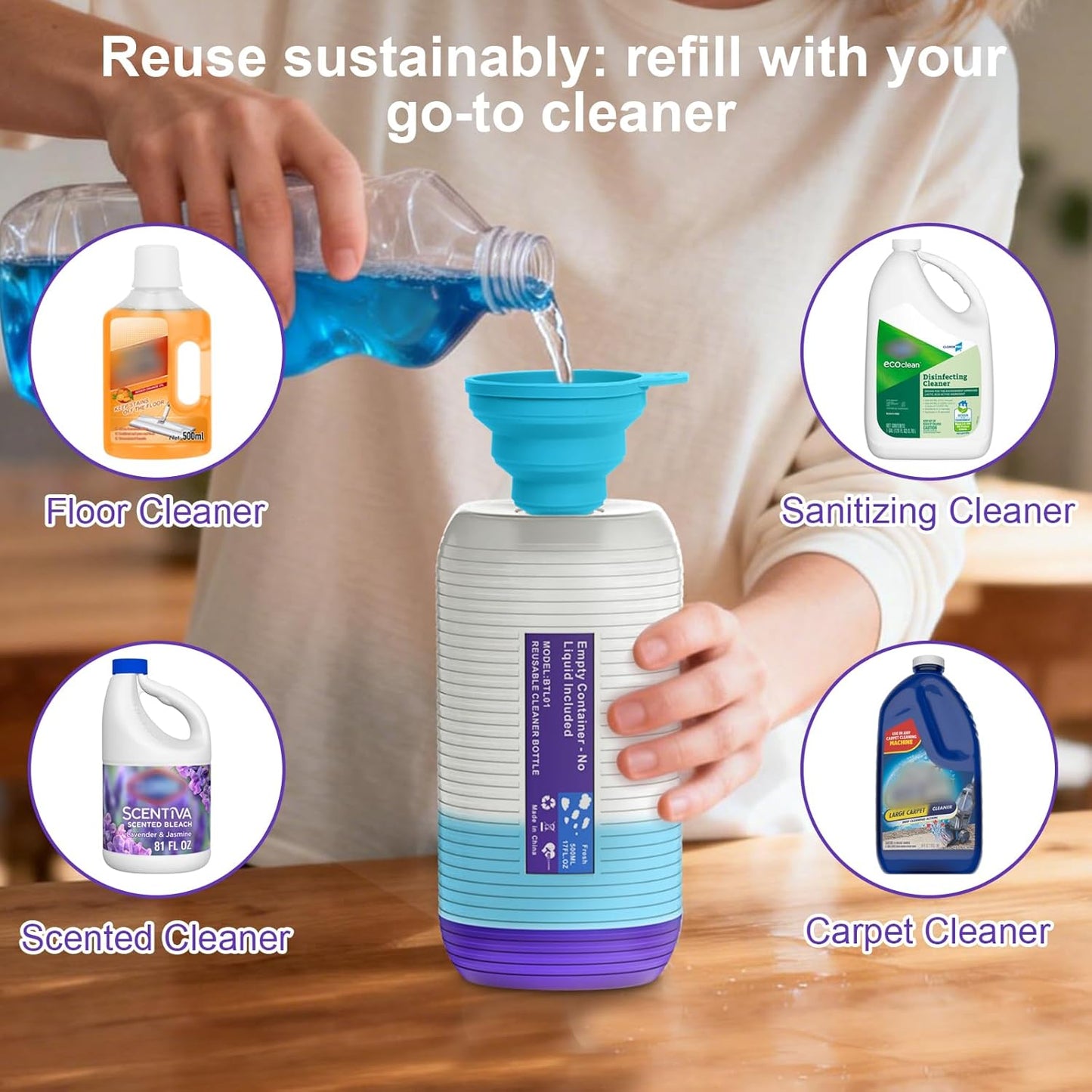 Skiennix Refillable Bottle for Swiffer Power Mop - 500ML Reusable Solution Container with 6 Leak-Proof Seals & Funnel