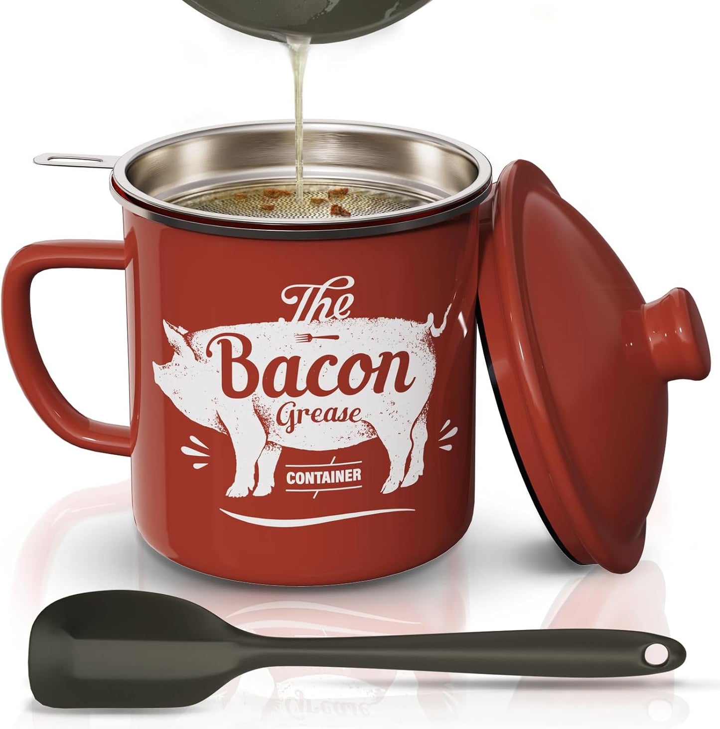 Regine Switzerland Bacon Grease Container - 46oz Enamel Keeper with Strainer & Silicone Spatula | Dishwasher Safe, Red