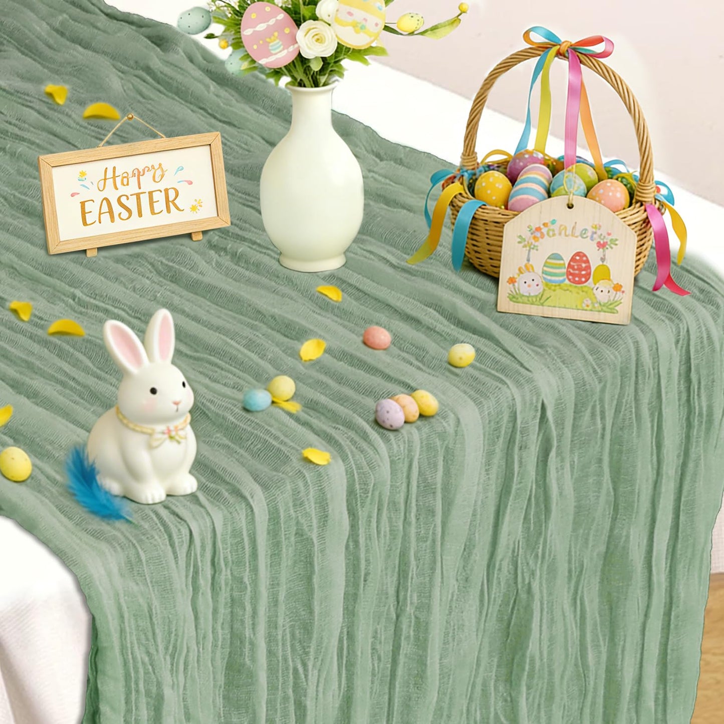 Sage Green Cheesecloth Table Runner, 10 Ft Easter Boho Table Runner, 120 in Spring Rustic Table Runners for St Patrick's Day, Wedding, Party, Baby & Bridal Shower