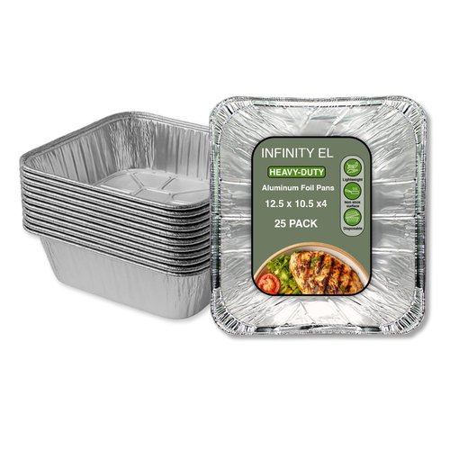 INFINITY EL Disposable Aluminum Foil Pans 25 Pack | Half Pan Extra 12.5" x 10.5" x 4" Deep Disposable Baking Pan | Heavy Duty Aluminum Foil Pan for Roasting Turkey, Lasagna, Thanksgiving, Christmas
