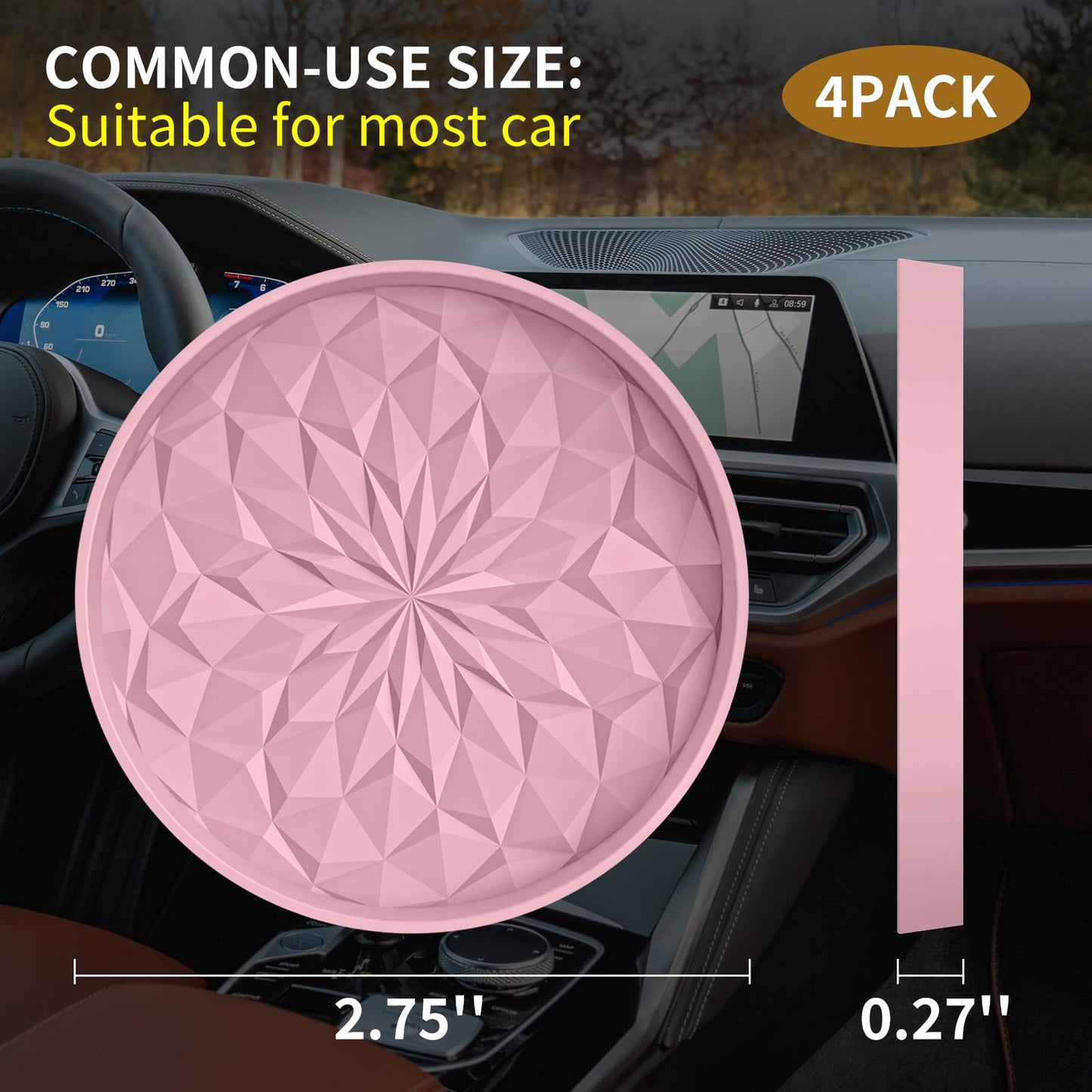 ME.FAN Car Coasters for Cup Holders [4 Pack] - 2.75In Silicone Auto Mug Mats - Universal Non-Slip Recessed Car Interior AccessoriesDusty Rose