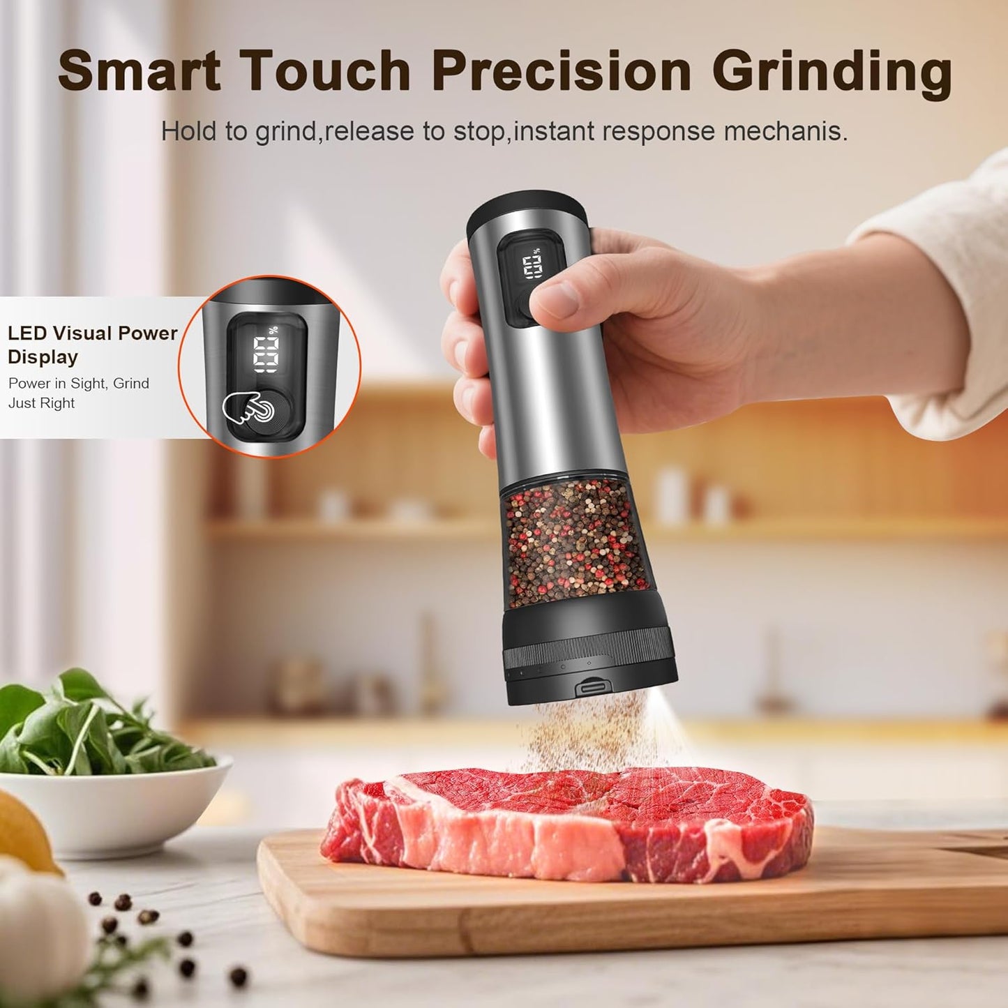 Skiennix Electric Salt and Pepper Grinder Set - Rechargeable Stainless Steel Mill with 2-Speed Settings & LED Light | 100ml Capacity