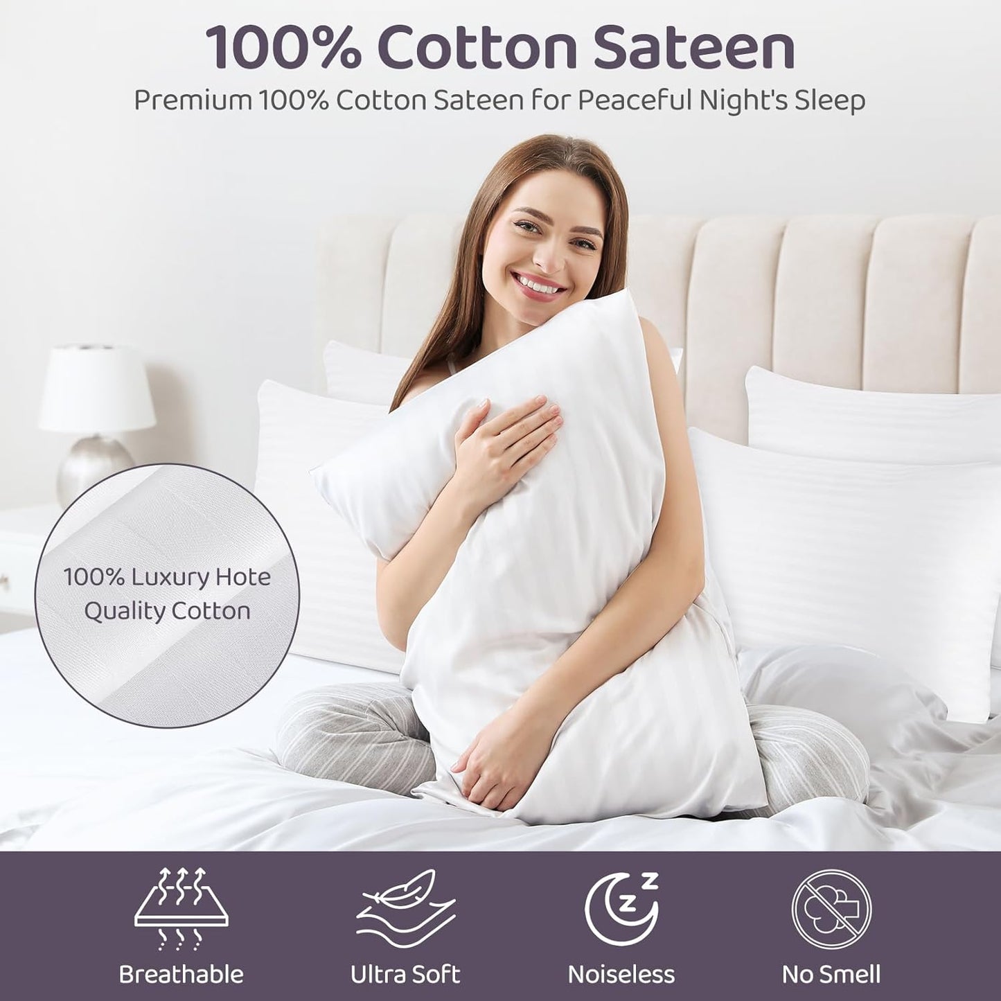 Skiennix 100% Cotton Pillow Case Protector - Soft Hotel Grade Zipper Covers, Standard Size (20x26), 4 Pack, Oeko-TEX Certified