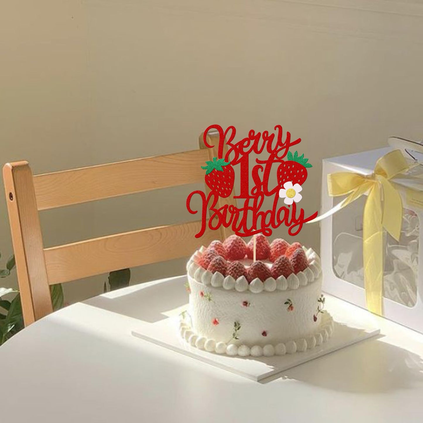 1 PCS Berry 1st Birthday Cake Topper with Flower Glitter Sweet Fruit Theme First Birthday Strawberry One Cake Pick for Strawberry Theme Baby Shower Kids 1st Birthday Party Cake Decorations Supplies