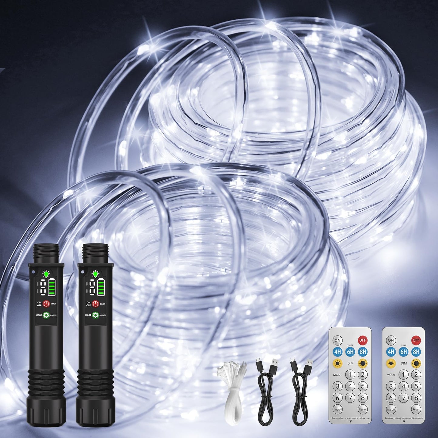 Rechargeable Rope Lights, 79FT 240LED Outdoor Waterproof String Lights with 1200mah Portable Rechargeable Battery, Timing & 8 Modes for Party Christmas Camping DIY Tree trampoline - Cool White 2 Pack