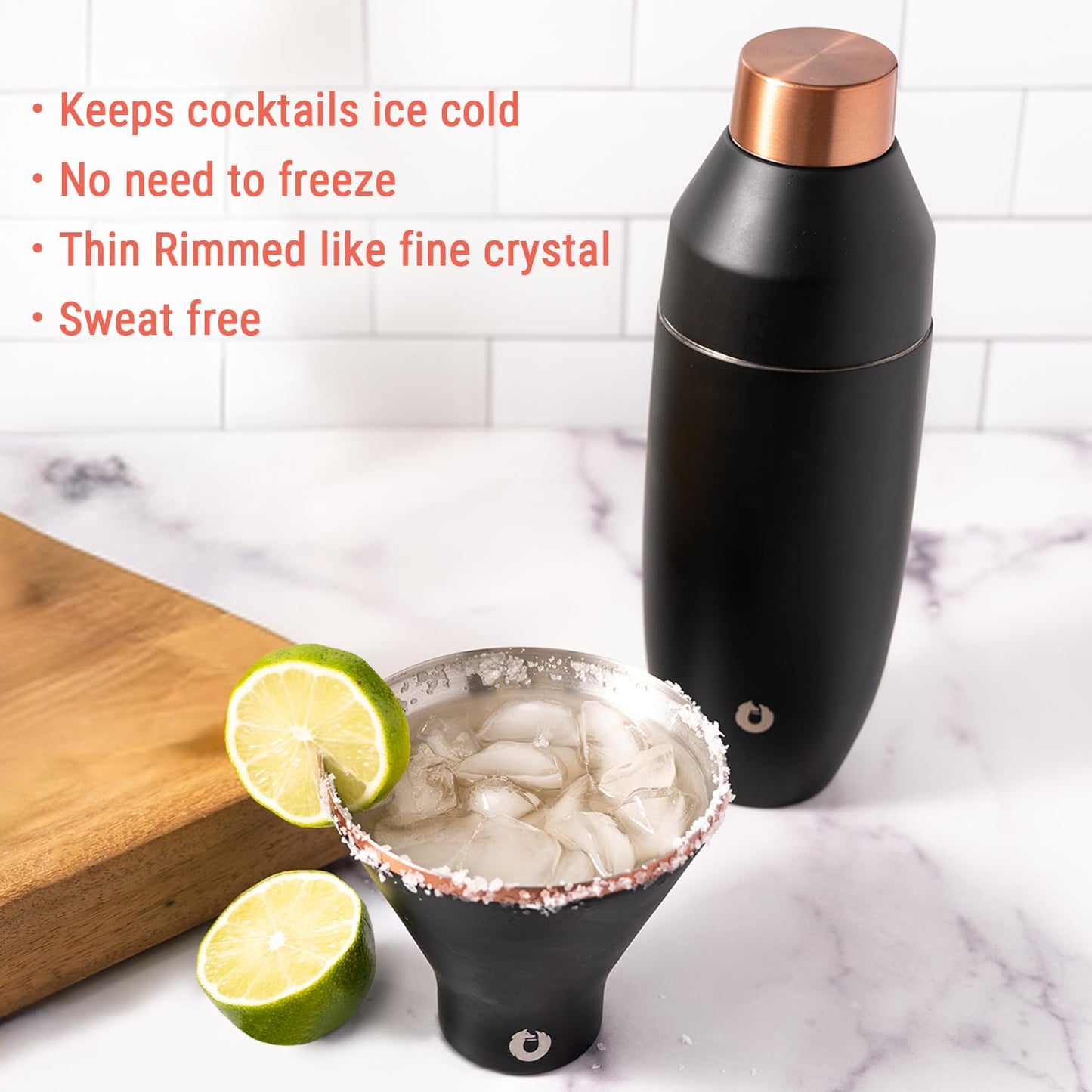 SNOWFOX Premium Vacuum Insulated Stainless Steel Martini Glass, Set of 2, Martinis Stay Icy Cold, Stemless Cocktail Glasses, Elegant Home Entertaining, Bold Beautiful Barware Set, 8 oz, White/Gold