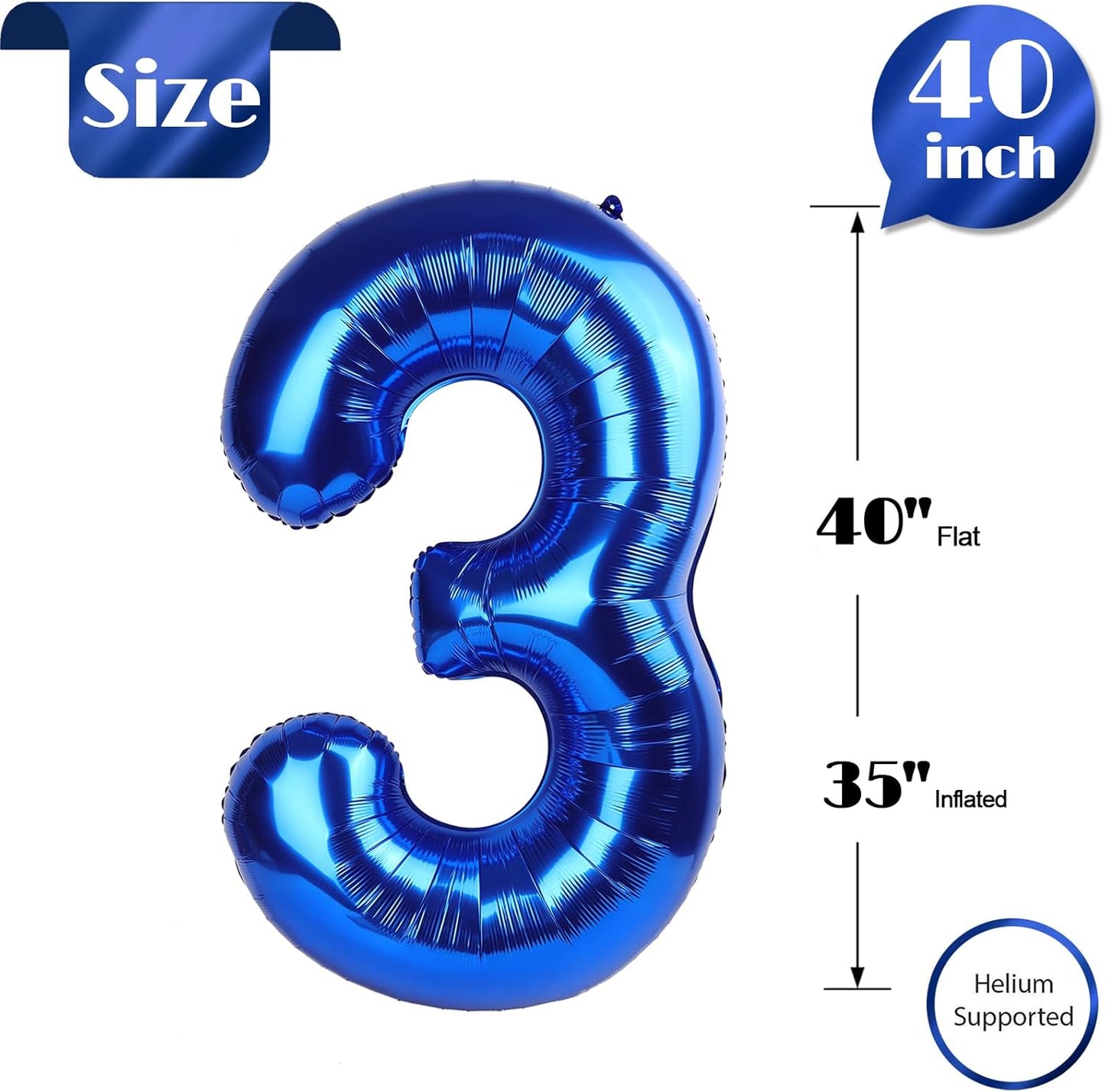 Metallic Blue Number 3 Balloon - 40 Inch 3rd Birthday Celebration Decor for Kids & Adults