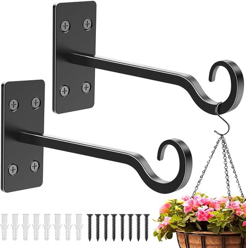 Heavy Duty Plant Hangers - Hand-Forged Wrought Iron Wall Hooks - 12 Inch Black Brackets for Outdoor Plants, Lanterns & Bird Feeders