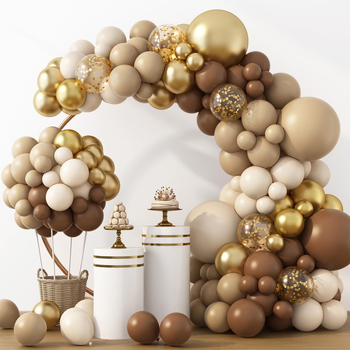 RUBFAC Brown Balloon Garland Arch Kit 129pcs Different Sizes Pack of 18 12 10 5 Inch, Latex Light Brown Coffee Sand White Cream Beige Confetti Gold Balloon Garland Arch Kit for Neutral Boho Bear