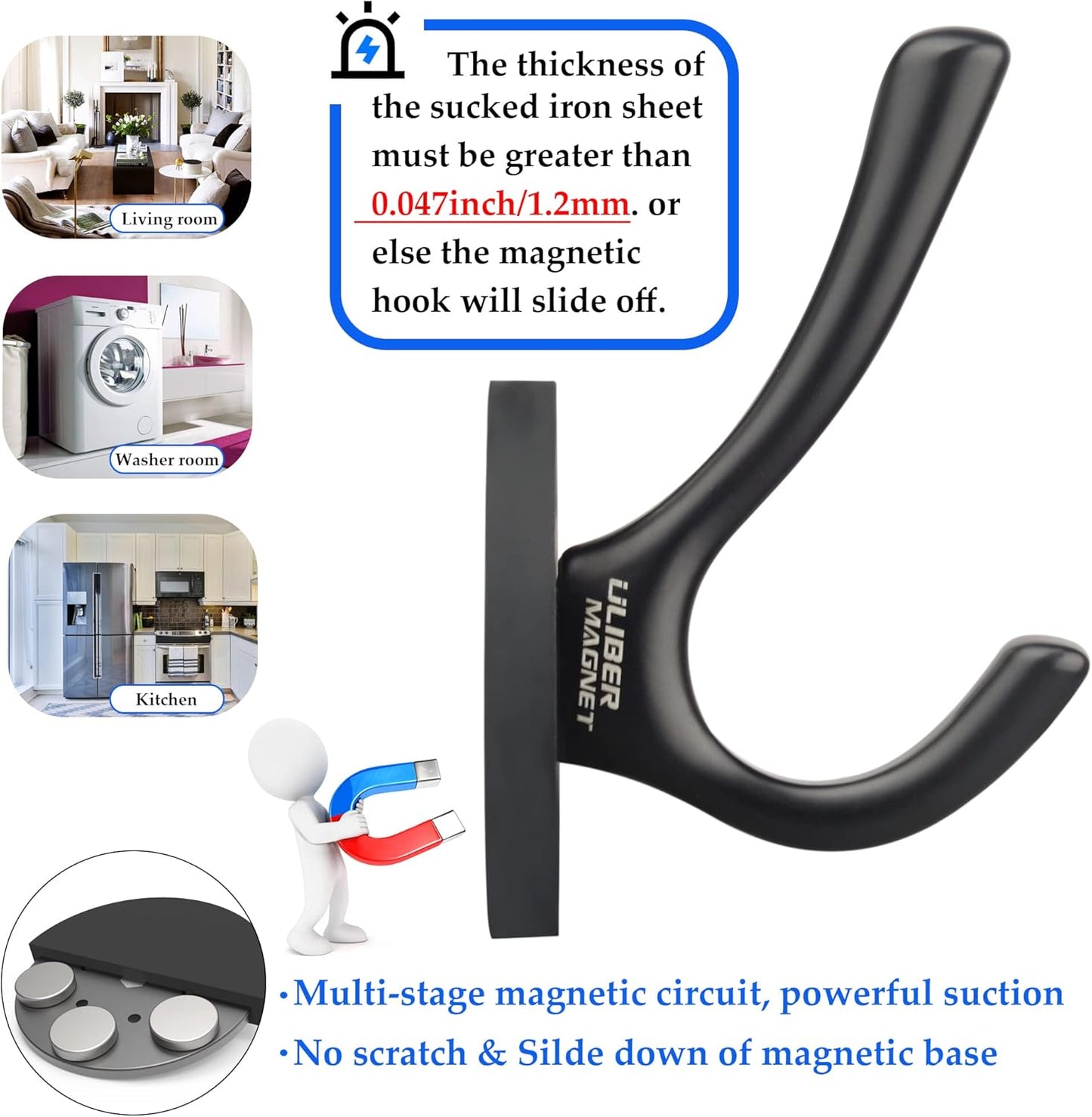 ULIBERMAGNET Heavy-Duty Magnetic Double Hooks - Sturdy Rubber Coated Coat & Towel Holders (Black, 2 Pack)
