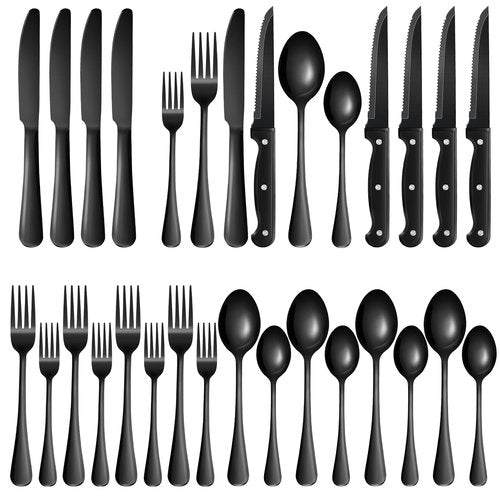 24-Piece Black Silverware Set with Steak Knives Black Stainless Steel Flatware Set for 4 Food Grade Tableware Cutlery Set Rust-proof, Mirror Polished, Dishwasher Safe