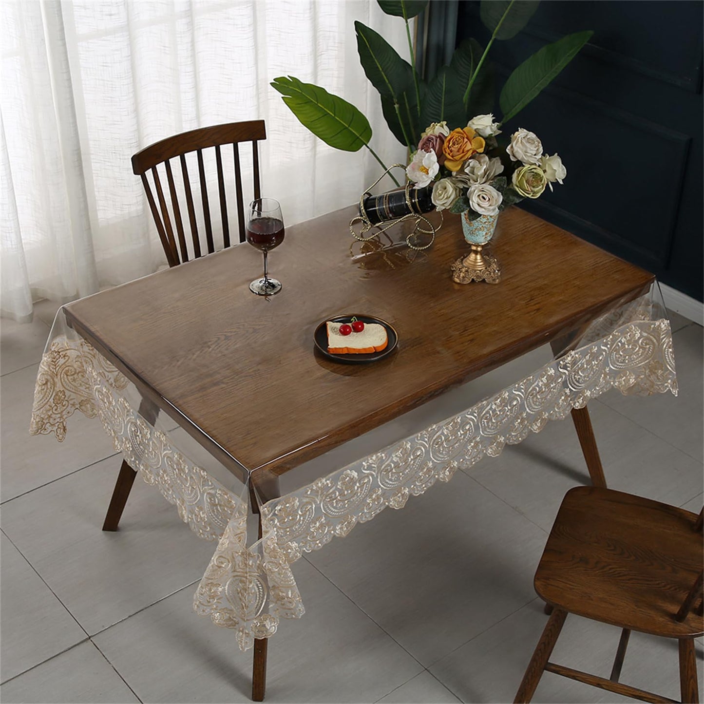 Rakila Clear Plastic Rectangle Tablecloth Vinyl Waterproof Table Cloth Embroidered Lace Edge Transparent Table Cover for Dining Kitchen Outdoor(60 x 118 inch, Coffee Style 1)