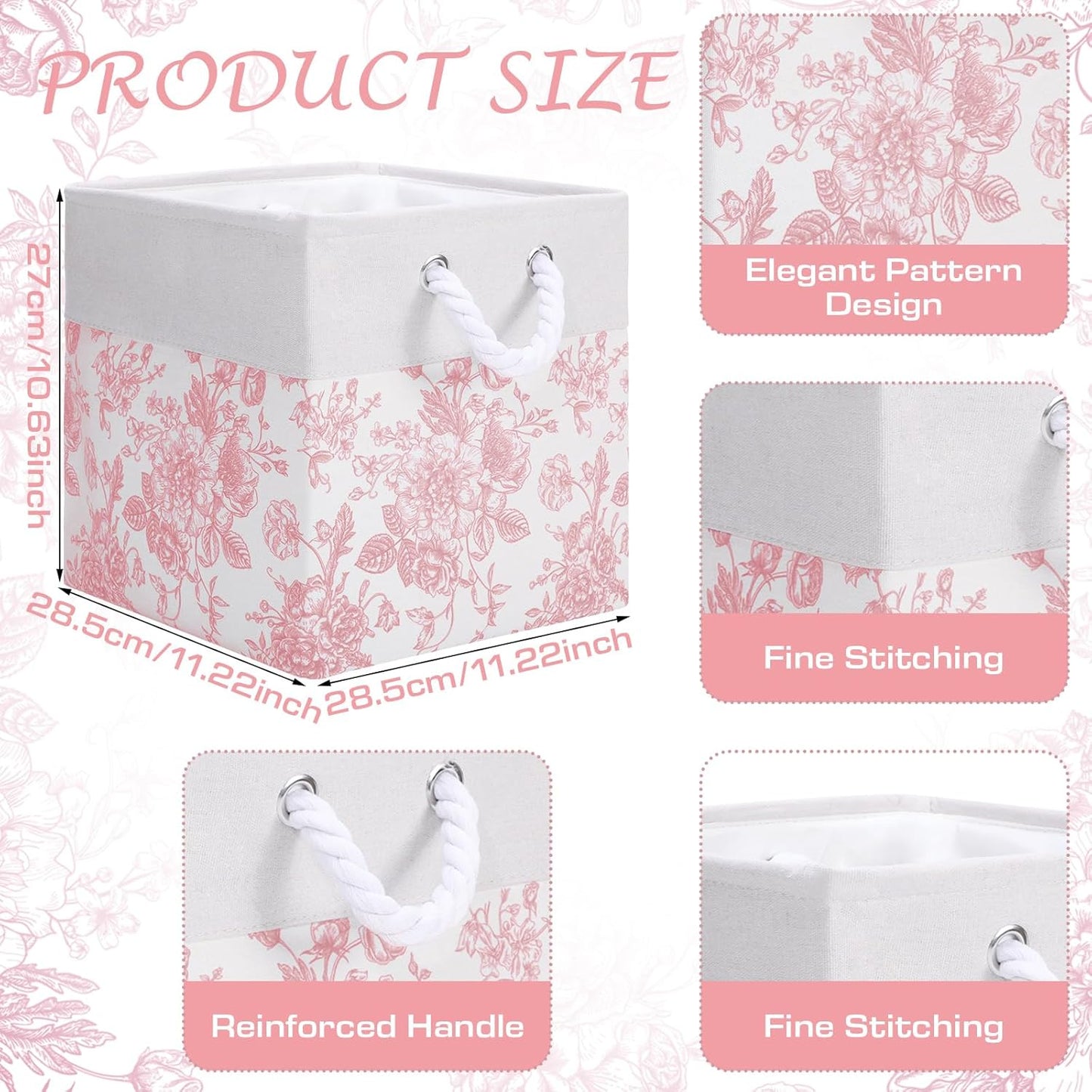 LemonRoad Pink Floral Cube Storage Bins - 6 Pcs Collapsible 11.22 Inch Organizer Baskets for Home & Office