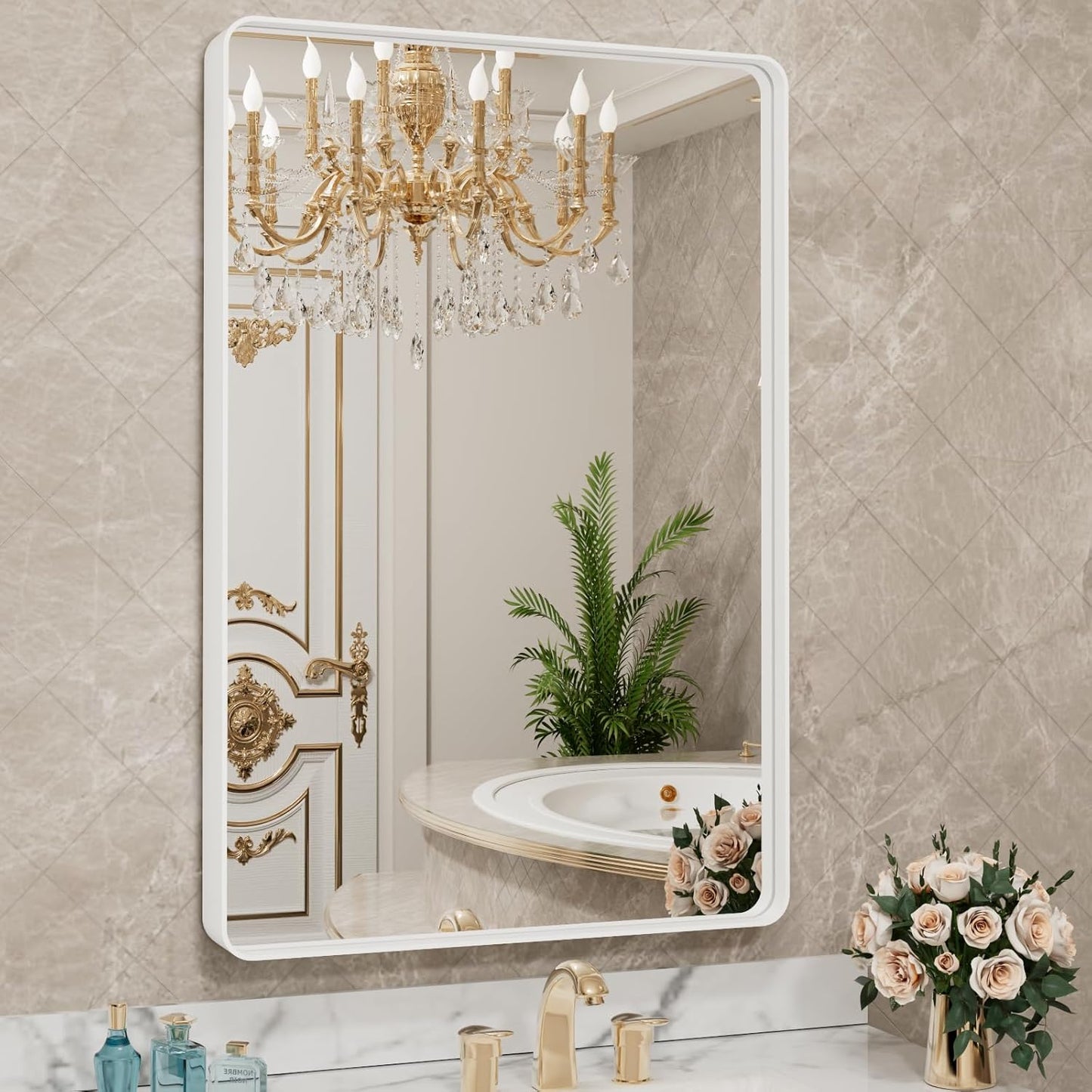 LOAAO Bathroom Mirror - 30x36 Inch White Metal Framed Vanity Mirror | Large Rounded Rectangle, Anti-Rust Tempered Glass, Versatile Hanging Options