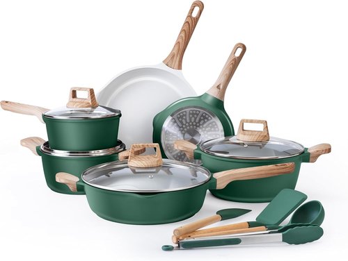 Country Kitchen Nonstick Pots and Pans Set - 14 Pcs Cast Aluminum Cookware with Utensils | Sage Color