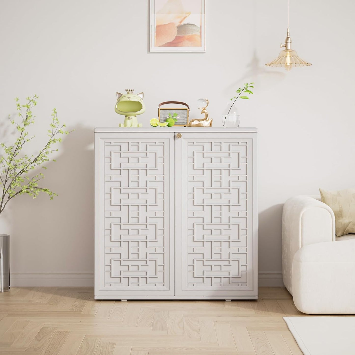 Mrosaa Waterproof Indoor Outdoor Storage Cabinet - Off White Plastic for Patio & Garden | 34.3''L x 15''W x 36.2''H