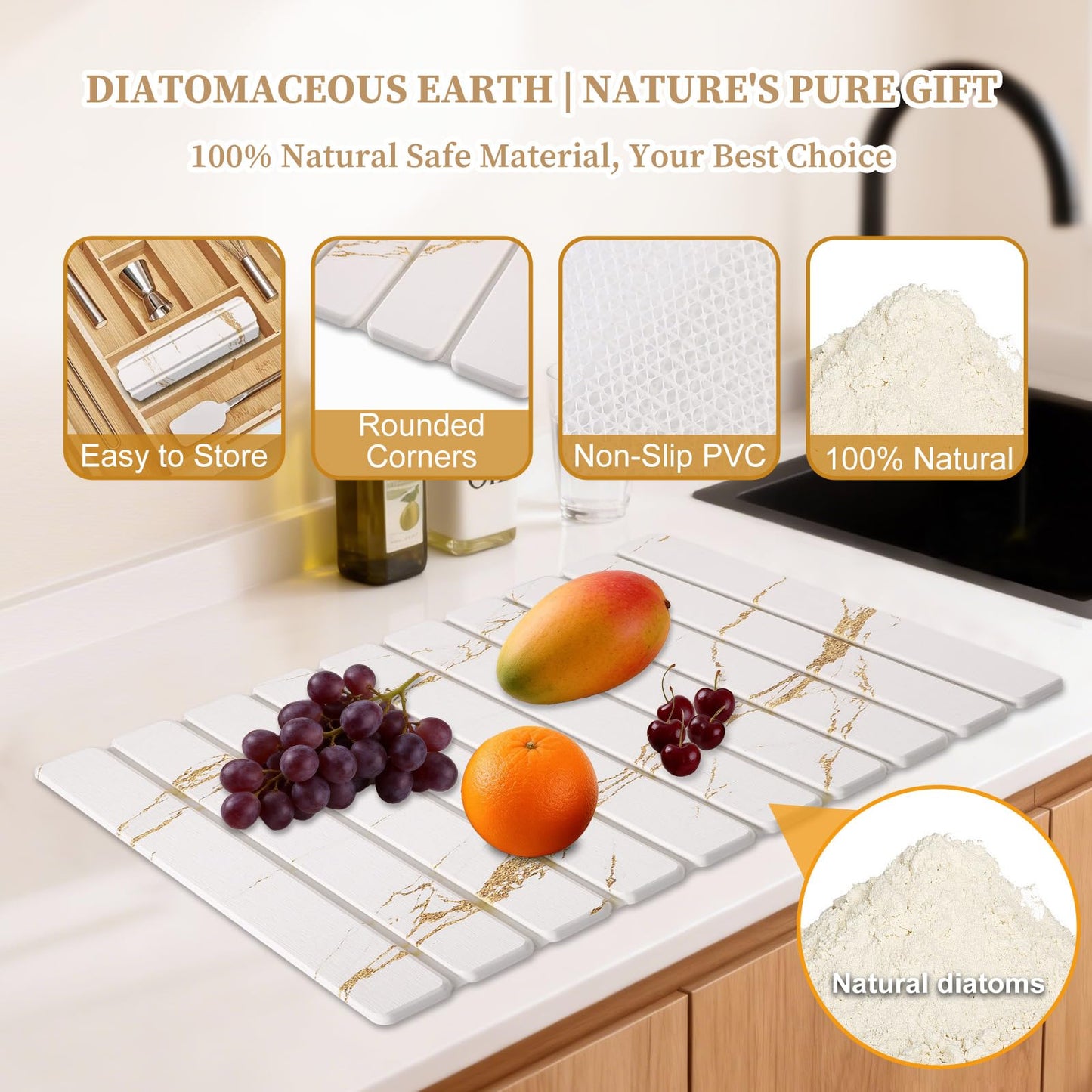 3 PCS Large Stone Dish Drying Mat for Kitchen Counter - Quick Dry Diatomaceous Earth Mat with 2 Coasters, Ultra Absorbent Stone Drying Pad for Dishes & Cups, Heat Resistant, Gold Marble