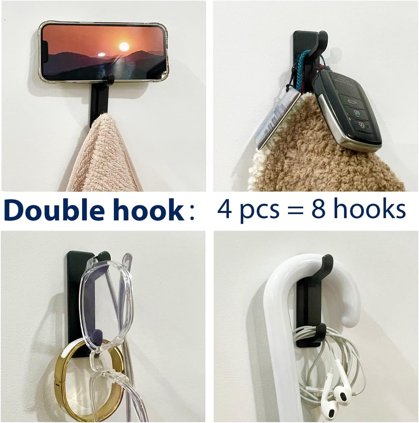Pickpiff Wall Hooks - Strong Adhesive Coat and Towel Hangers | 13LB Capacity, Black, 4 Pack