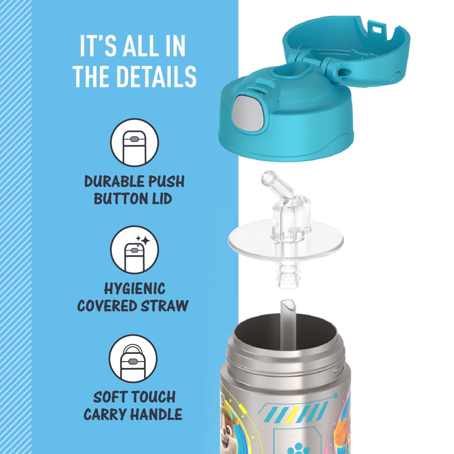 THERMOS FUNTAINER Water Bottle with Straw - 12 Ounce - Kids Stainless Steel Vacuum Insulated Water Bottle with Lid, Paw Patrol Blue