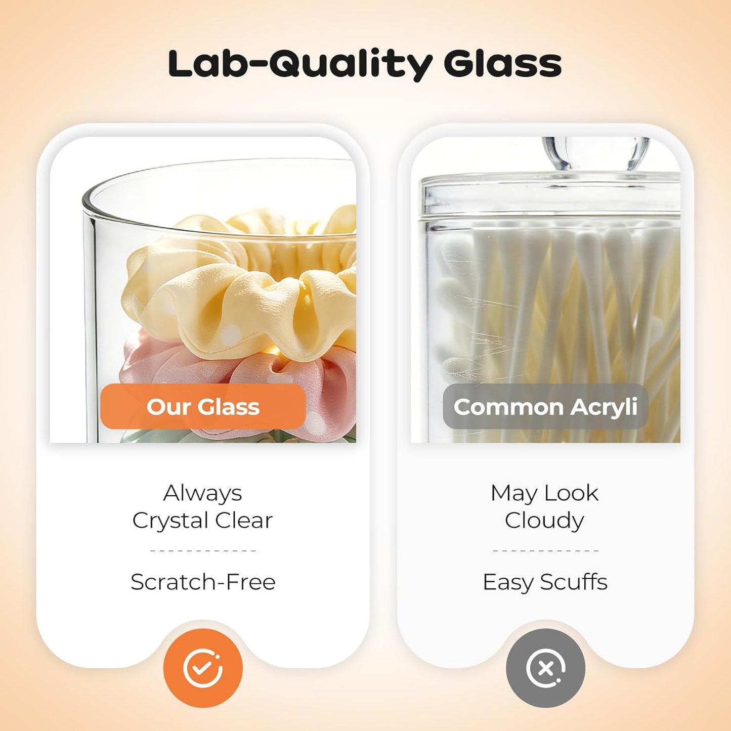 Skiennix Glass Qtip Holder Dispenser Set - 15oz & 10oz Cotton Swab Canisters with Acacia Lids | Bathroom Vanity Storage (2 Pack)