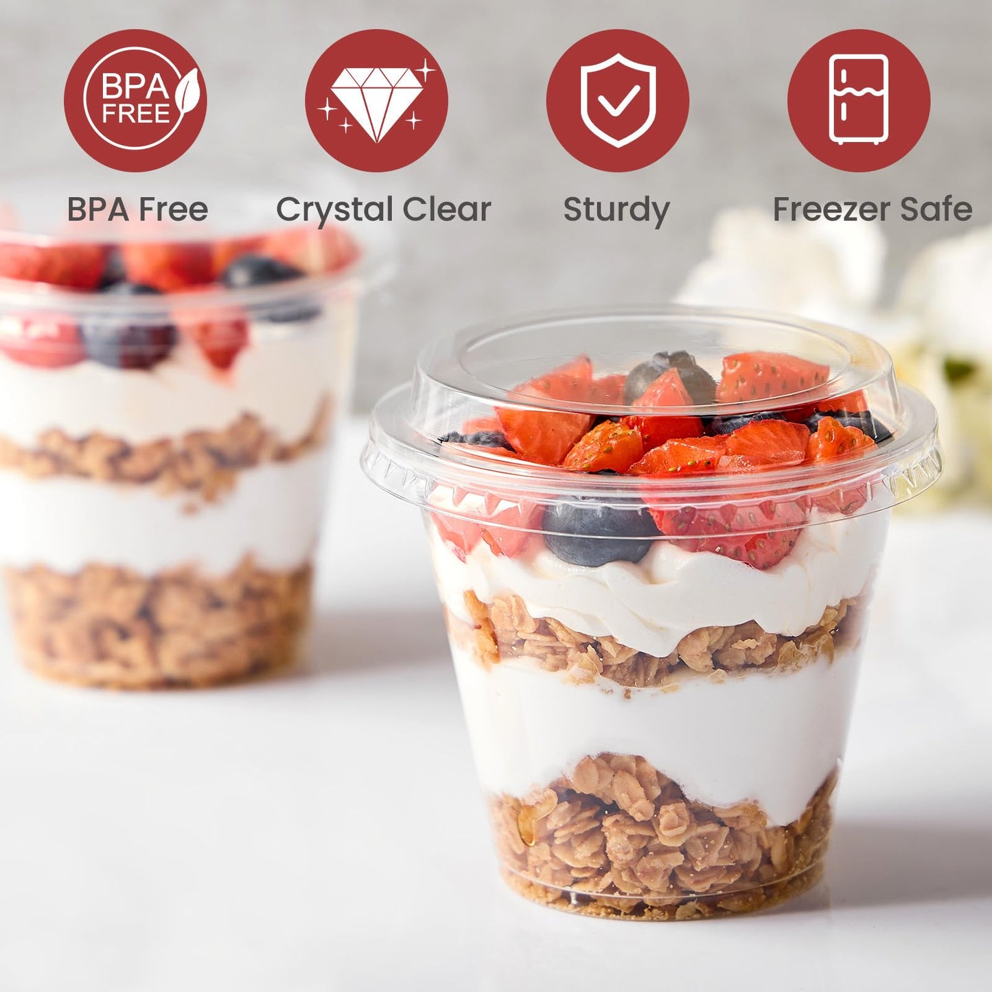 Jycnolm 100 Pack 9 oz Plastic Dessert Cups with Lids, Small Plastic Yogurt Parfait Cups, Mini Round Party Serving Cup for Pudding, Fruit, Cake, Appetizer, Dessert Shot Glasses
