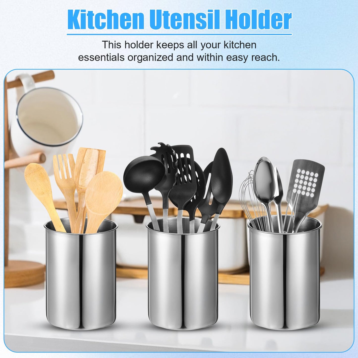 HOFURME 3 Pcs Cooking Utensil Holder for Kitchen Counter, 5.6 x 7.5 inch Metal Utensil Crock Stainless Steel Utensils Holder Container Canister Spatula Spoon Caddy Organizer (Silver)