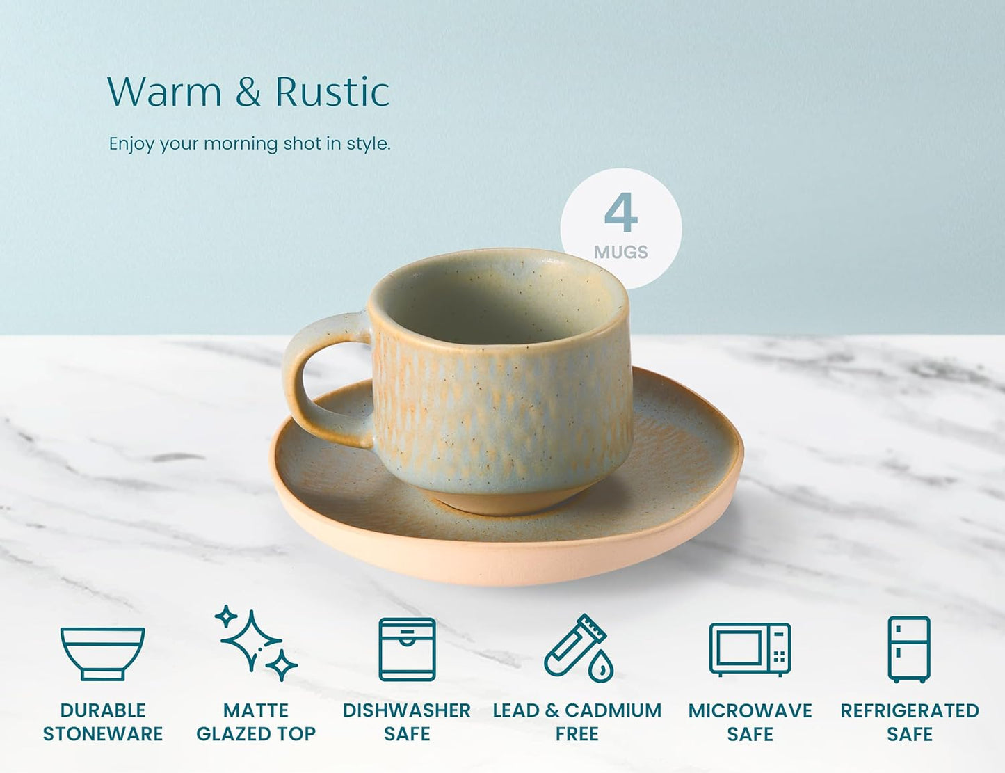 KooK Espresso Mug and Saucer Set - Rustic Ceramic Cups with Feathered Texture | Dishwasher & Microwave Safe, 2.7 oz, Set of 4