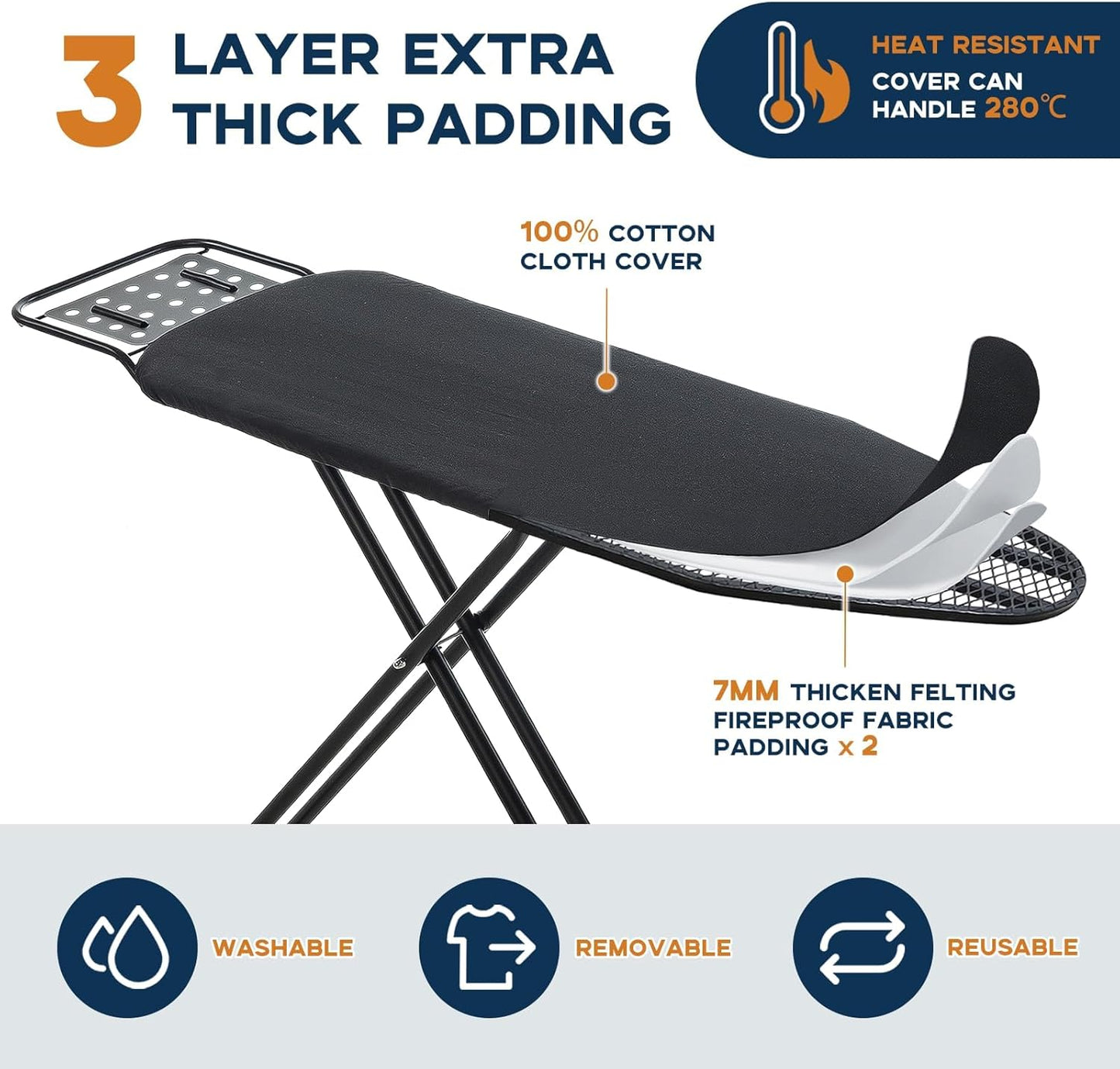 RAINHOL Heavy Duty Ironing Board - 54"x13" Compact Design with Heat Resistant Cover & Adjustable Height | Black