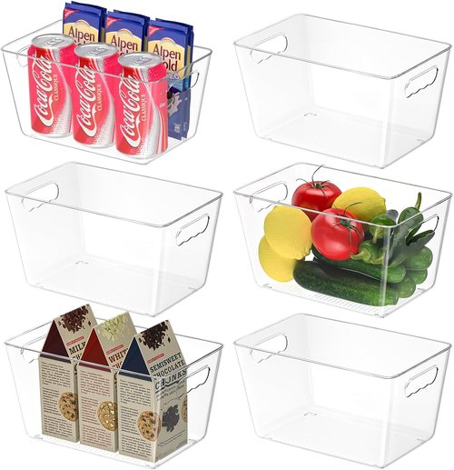 BALEINE Clear Plastic Storage Bins - BPA Free Stackable Organizers for Kitchen & Bathroom (6PK, 9.5x5.5x4.5)