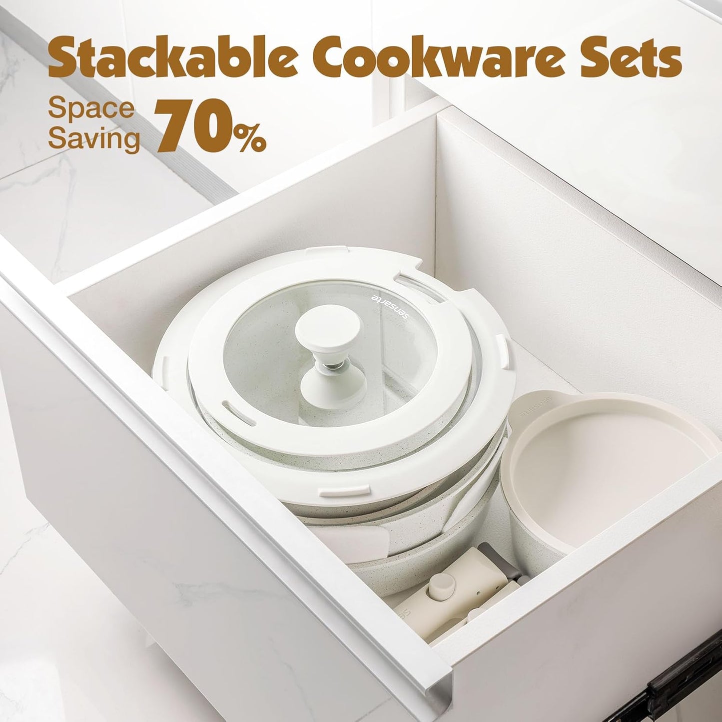 SENSARTE 13-Piece Nonstick Cookware Set - Detachable Handle & Induction Compatible | Dishwasher & Oven Safe (White)