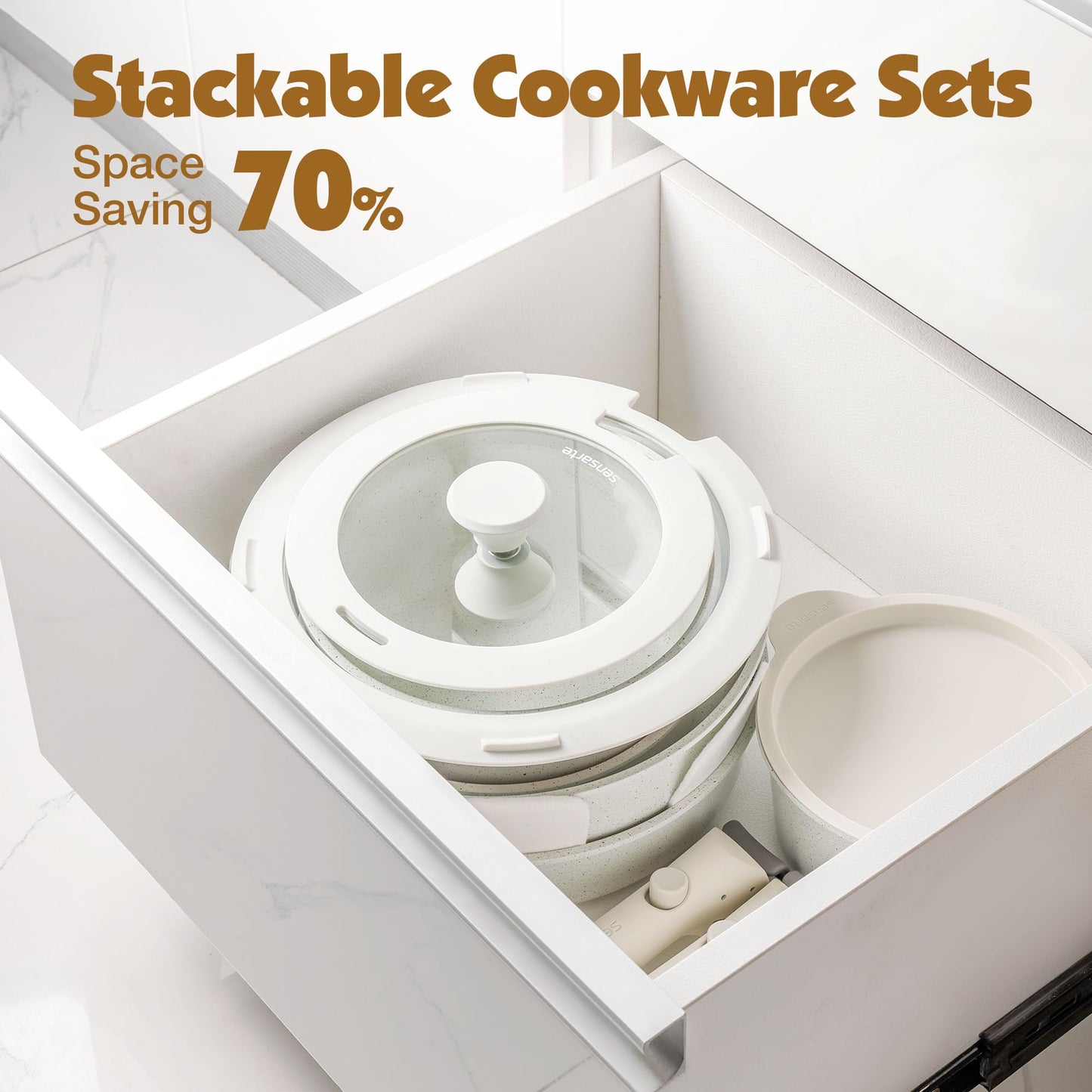 SENSARTE 13 Piece Pots and Pans Set, Nonstick Detachable Handle Cookware, Induction Kitchen Cookware Set with Removable Handle, Healthy Non Stick for RV, Dishwasher ＆ Oven Safe (White)