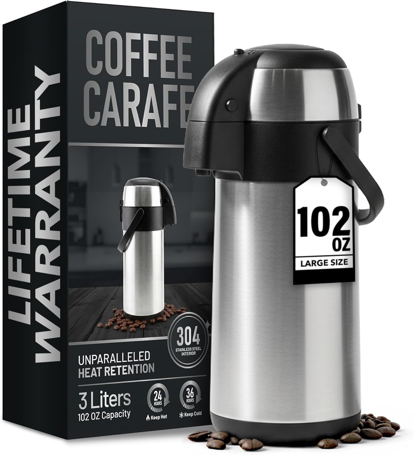 Skiennix Insulated Coffee Carafe - 102 OZ Stainless Steel Hot Beverage Dispenser | Thermal Pump Airpot