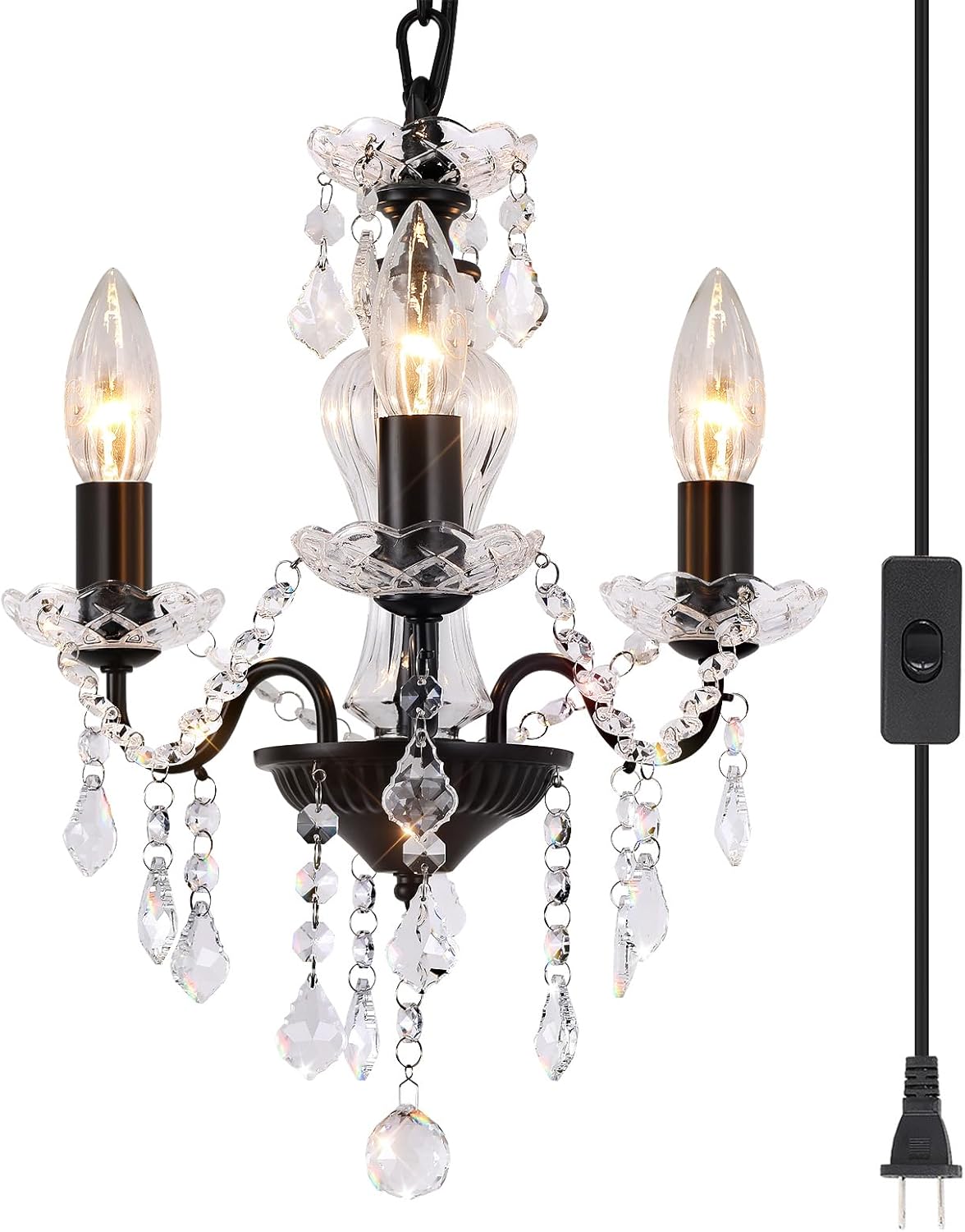 Plug in Modern 3-Light Gold Chandelier with Glass Crystals, Candle Style Pendant Light Fixtures for Living Room, Girls Room, Kitchen Island, Entryway