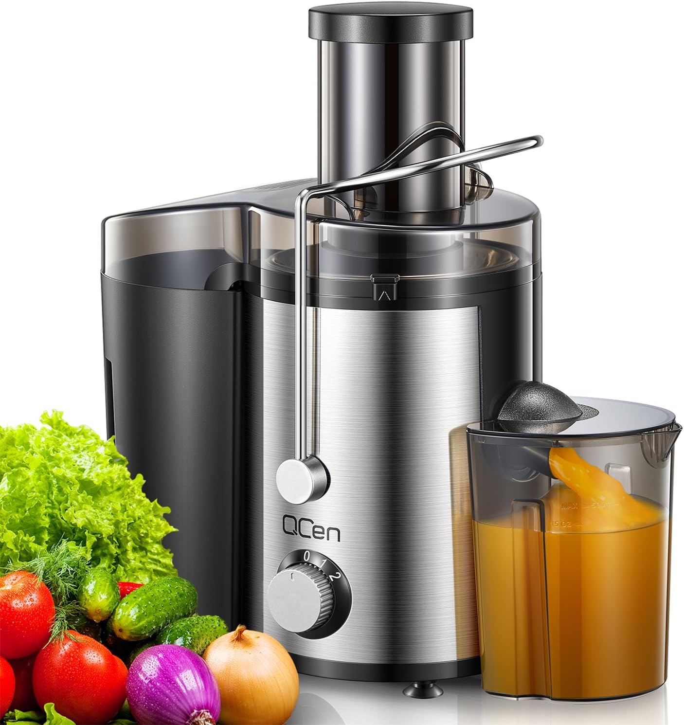 Qcen Juicer Machine - 800W Centrifugal Juicer with 3” Wide Mouth Feed Chute | Easy to Clean, BPA-Free, Black