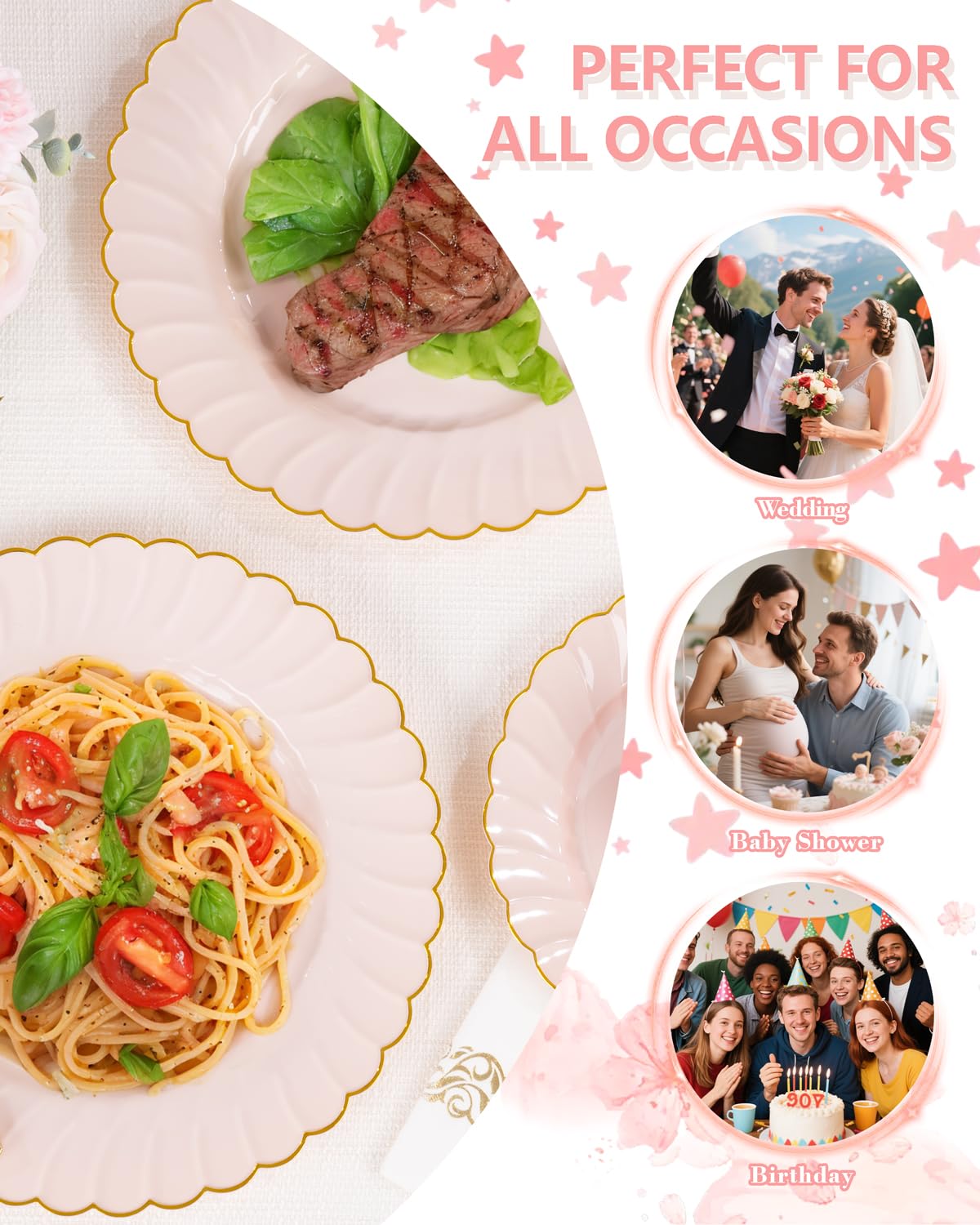 YOUBET 175PCS Pink Scalloped Plastic Plates - Gold Disposable Dinnerware Set Include 50 Plates, 75 Gold Silverware, 25 Cups, 25 Napkins for Party & Wedding & Baby Shower Mothers Day