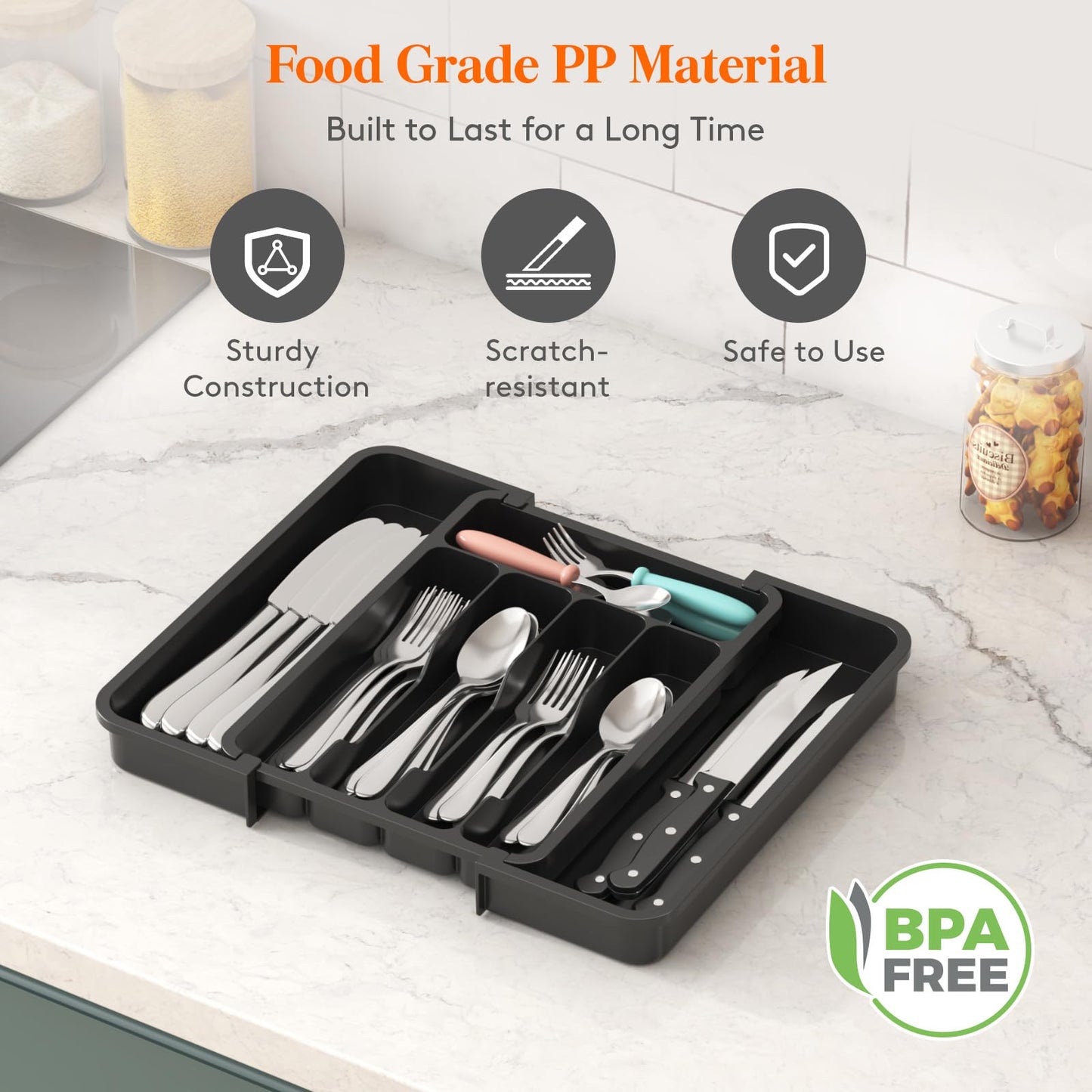 Lifewit Silverware Drawer Organizer, Expandable Utensil Tray for Kitchen, BPA Free Flatware and Cutlery Holder, Adjustable Plastic Storage for Spoons Forks Knives, 8.9-14.7 x 12.2", White