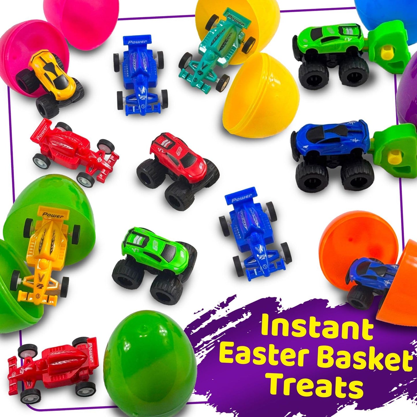 Stargo 16 Pack 3.2" Colorful Prefilled Easter Eggs bulk with Racing Mini Car Vehicles - Pull Back Cars | Plastic Easter Eggs Large for Easter Basket stuffers, Easter Gifts Party Favors Boy Goodie Bags