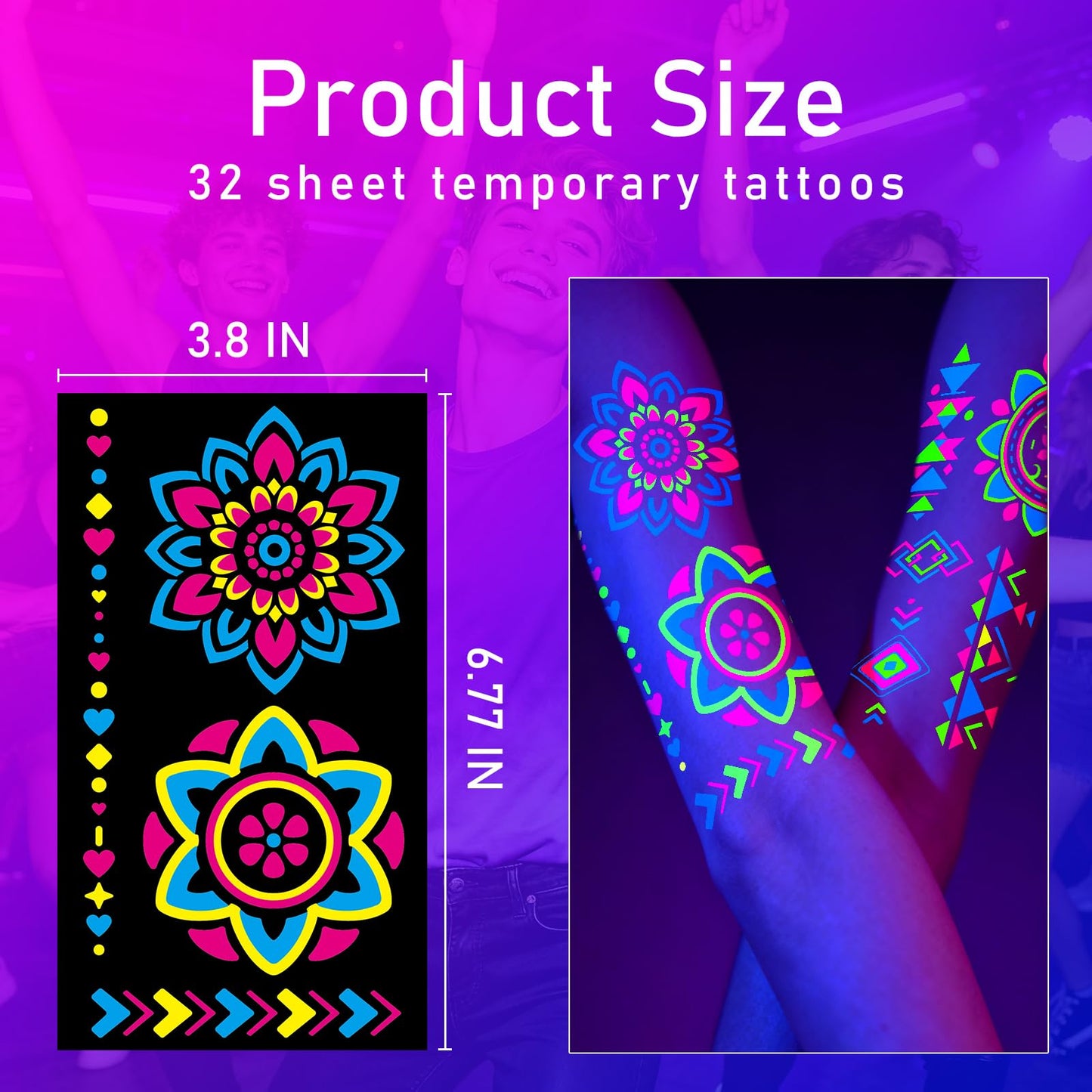 Glow in the Dark Party Supplies Temporary Tattoos 192+ PCS, Neon UV Blacklight Reactive Face Tattoos for for Party Supplies, Fluorescent Henna Flower Temporary Tattoos for Adults, Teens