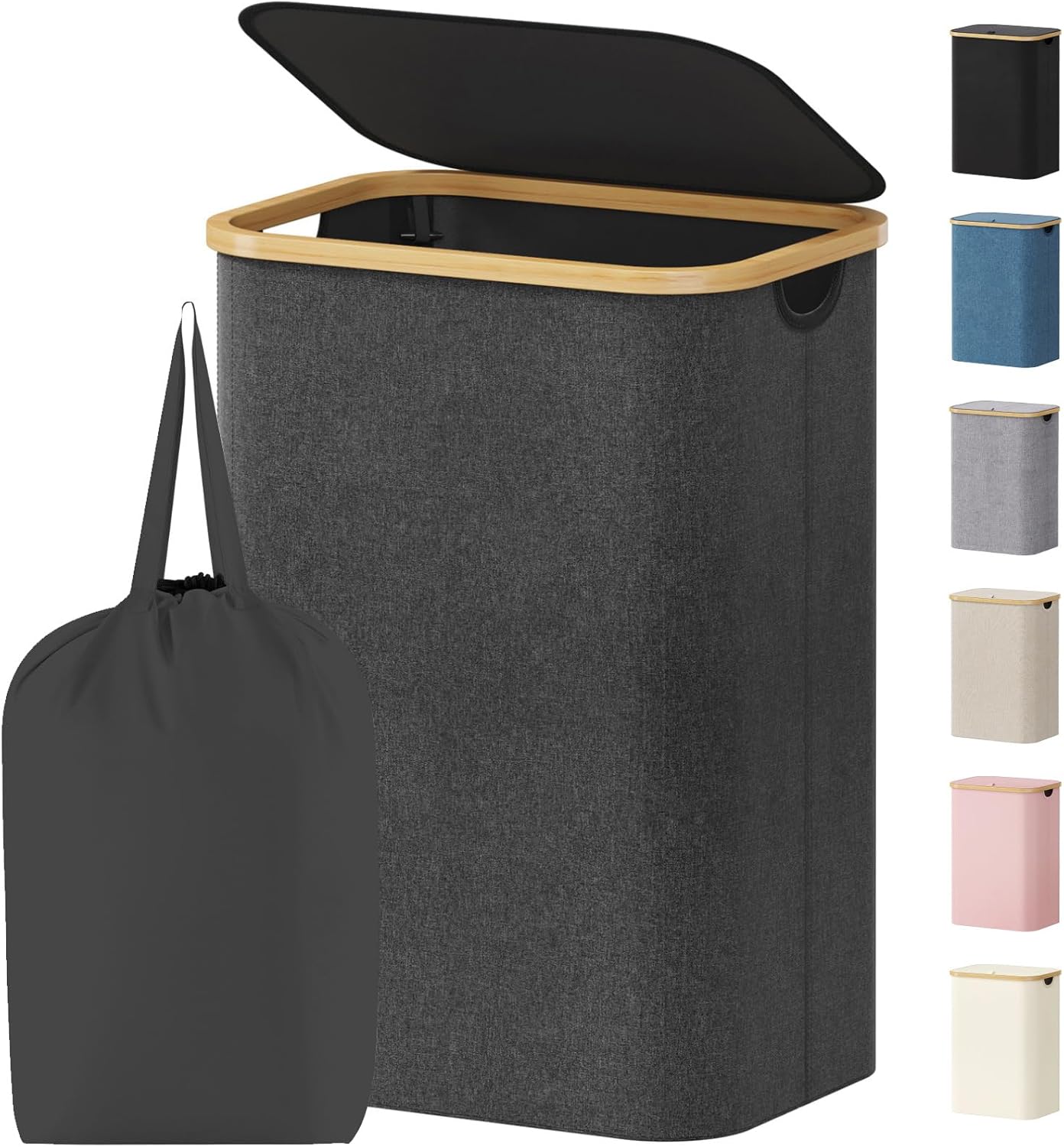 Lifewit 80L Laundry Basket - Foldable Hamper with Lid & Bamboo Handles | Dark Gray, Removable Bag