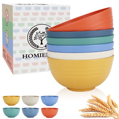 Homienly Wheat Starw Cereal Bowls, Unbreakable Bowl Set 6 PCS, Microwave and Dishwasher Safe Bowls, Alternative to Plastic Bowl Reusable, Bowl Set for Kitchen, Picnic, Camping, Party (26 OZ, Colorful)