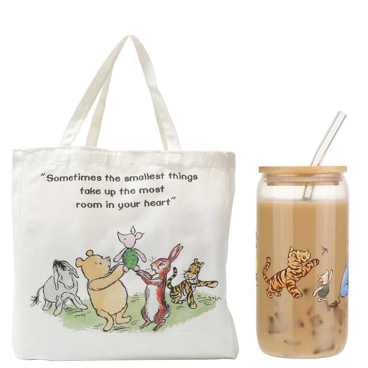 MRYAWXBK Pooh Bear Gifts for Women Friends, Pooh Bear Inspirational Canvas Tote Bag 16oz Iced Glass Cup Friendship Gift Set Gifts for Best Friends