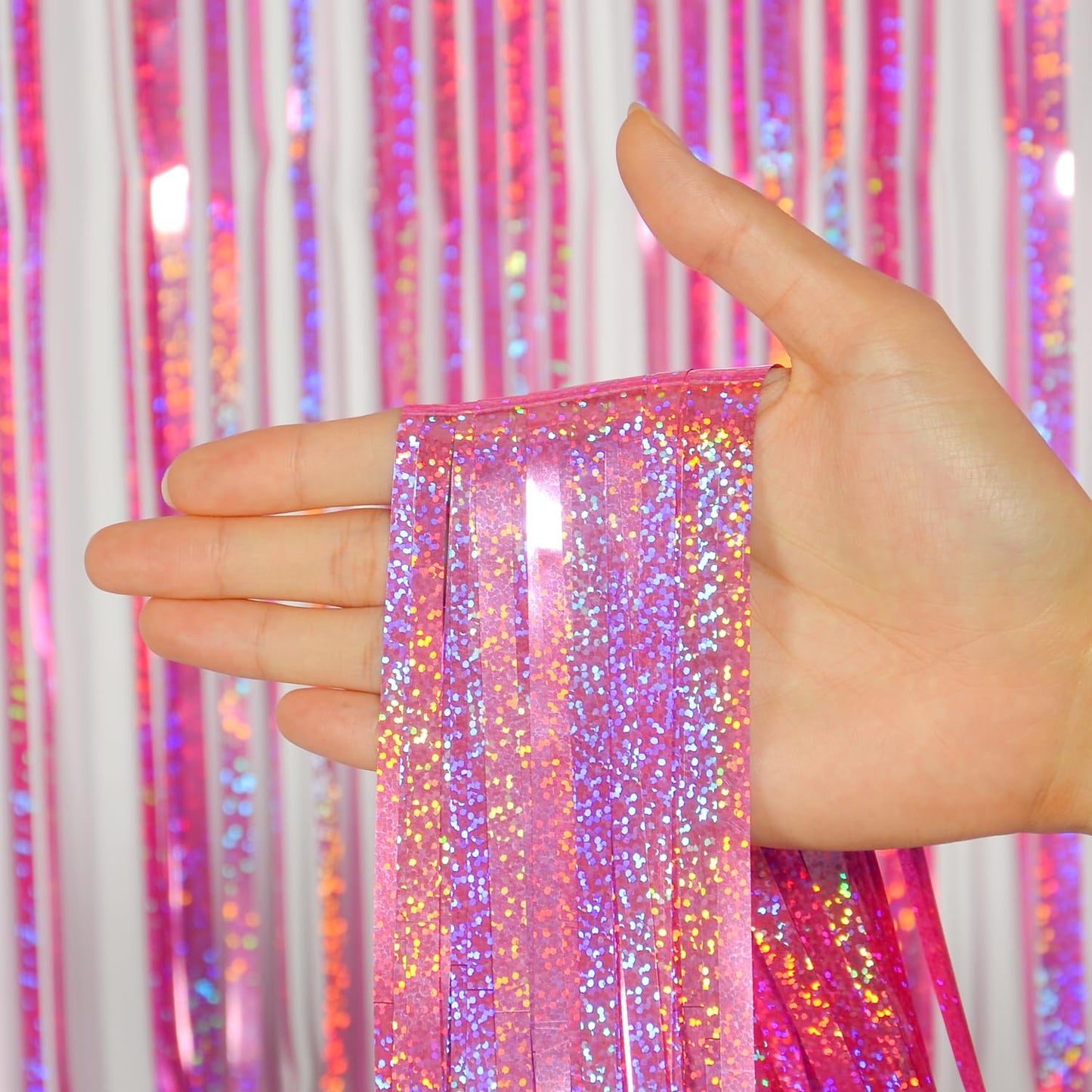 Melsan Pink Tinsel Curtains Backdrop, 3.2 ft x 8.2 ft Sparkle Metallic Foil Curtains for Mothers Princess Birthday Party Photo Background Decoration, 2 Pack