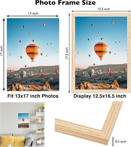 JCJMY 13x17 Picture Frame - Wall Mounting Versatile Design | Shatter-Resistant Plexiglass, Natural Finish