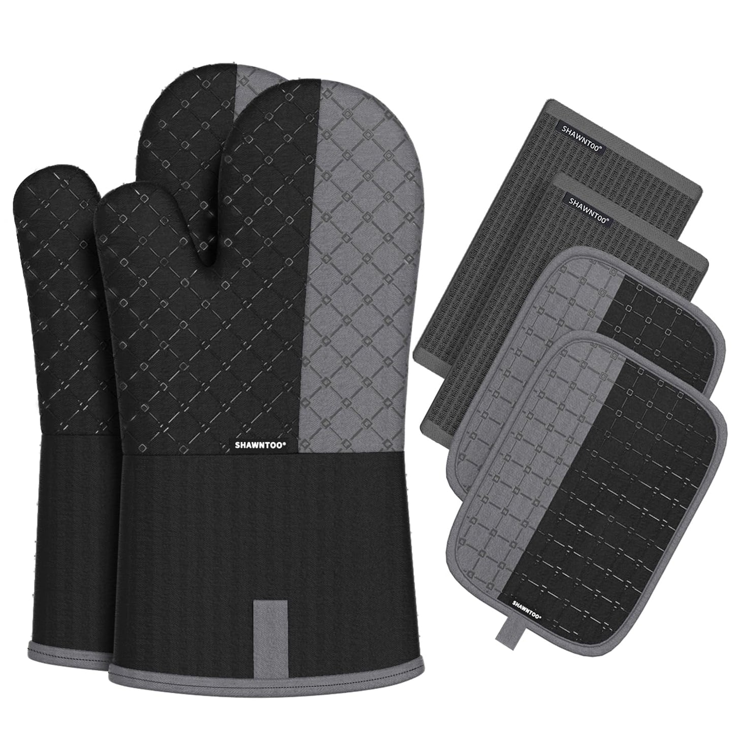 Oven Mitts and Pot Holders Sets 6pcs, Kitchen Oven Glove,High Heat Resistant 550 Degree Extra Long Oven Mitts and Potholders with Non-Slip Silicone Surface for Home Essentials (Grey) (Matte Black)