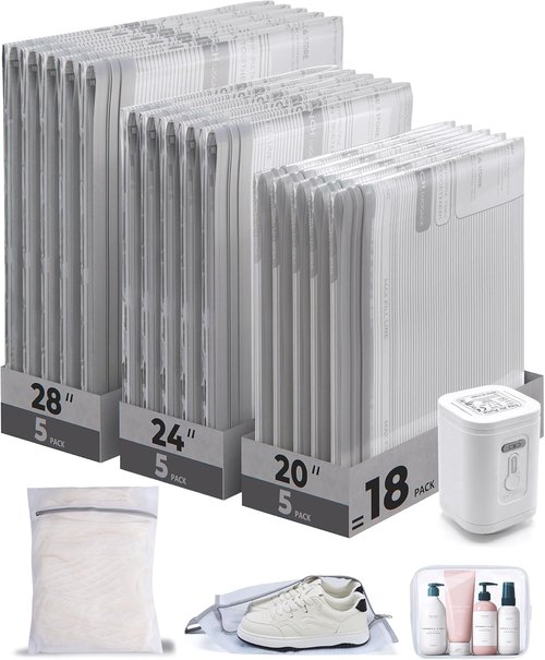 BAGSMART Vacuum Bags for Travel - Portable Space Saver with Rechargeable Air Pump | 18 Pack Gray
