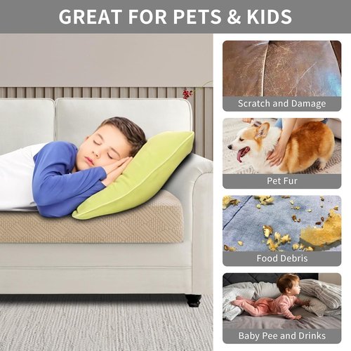 Easy-Going Waterproof Couch Cushion Covers - Durable Stretch Jacquard Sofa Seat Protector for Pets & Kids | Camel