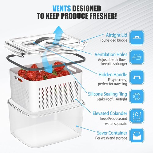 Damynuo 5-Pack Clear Fruit Storage Containers - Airtight Fridge Organizer Bins with Colander Lids