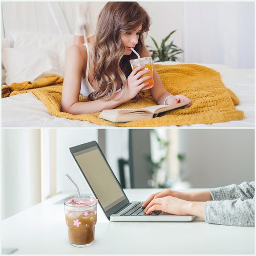 Colnic Iced Coffee Cup, 15Oz/450ml Glass Cups With Lids And Straws, Iced Coffee Glasses Tumbler, Thick Wall Mug For Tea Water With Glass Straw, Coffee Cute Tumbler Gifts (Pink)