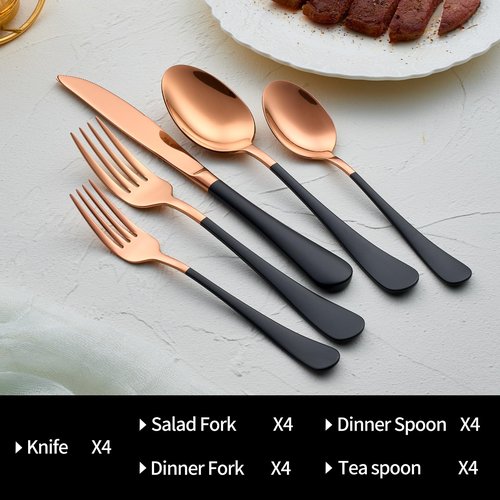 DINYWOW 20-Pieces Rose Gold and Black Silverware Sets for 4,Black Handle Stainless Steel Cutlery Set, Include Forks Spoons and Knives Set, Dishwasher Safe Utensil Sets for Home Restaurant